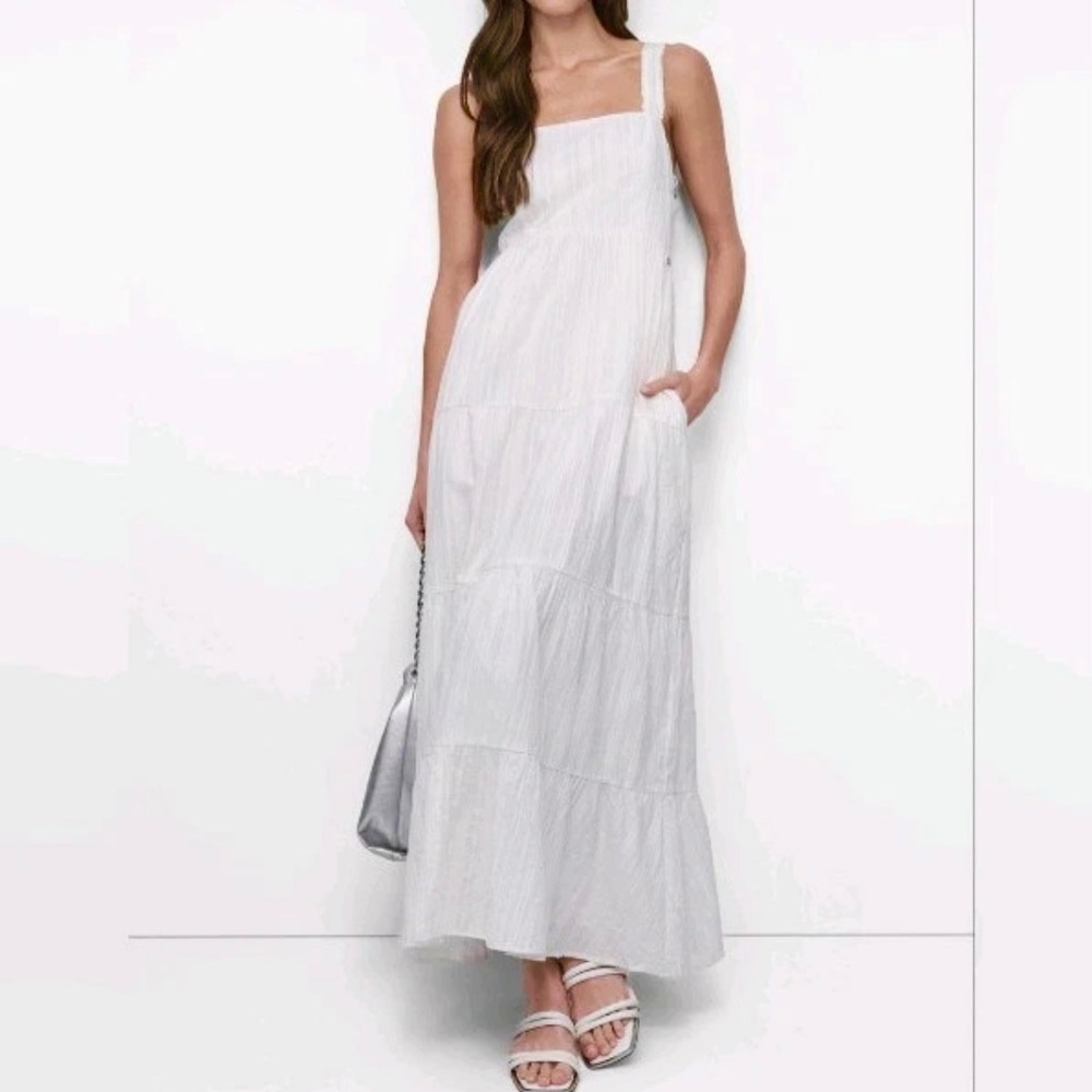 DKNY Jeans Womens White Cotton Tiered Maxi Dress Smocked Back Pockets DJ5D9083 L